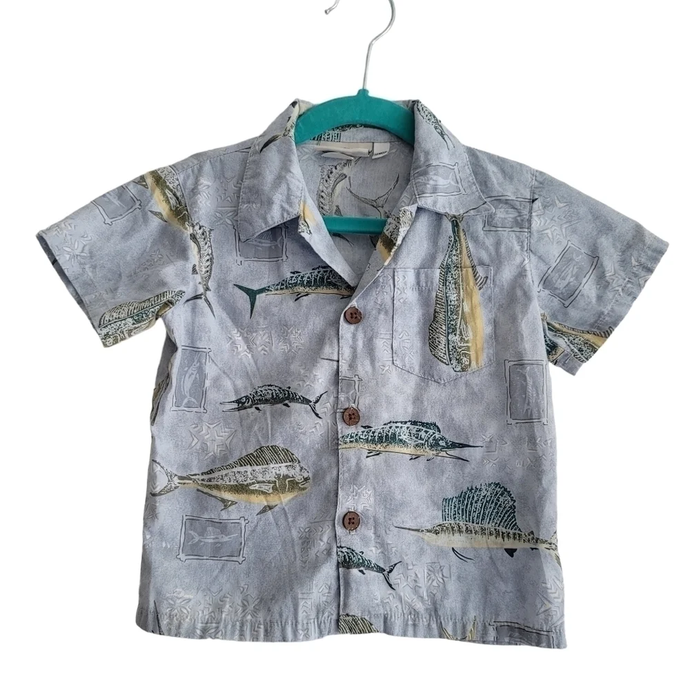 Cocoamo Kids Resort Wear Blue Hawaiian‎ Button Up Shirt Fish Aloha